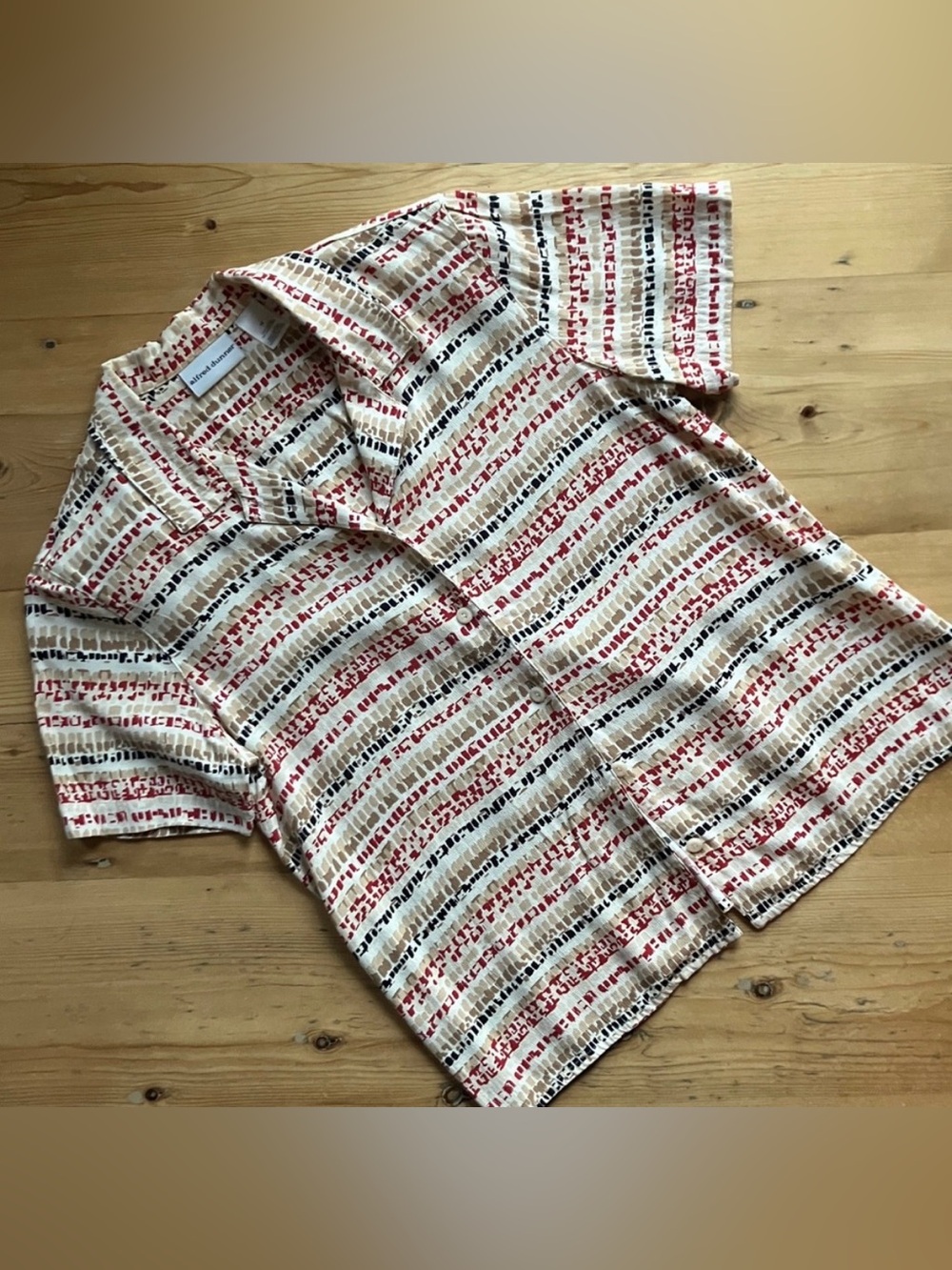 Vintage Alfred Dunner Crepe Camp Shirt Tan Red Black Beige S 10 w/ Shoulder Pads